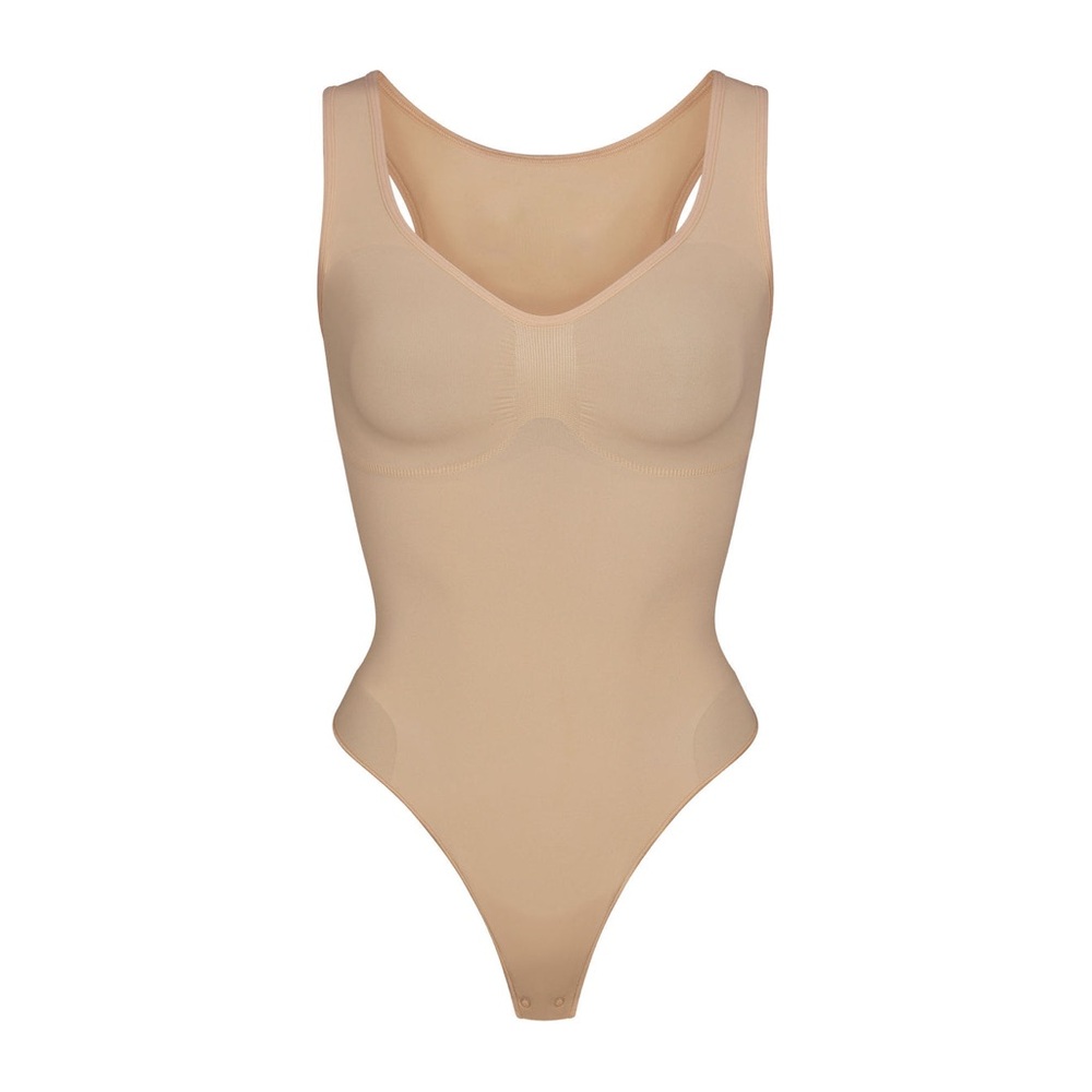 SKIMS Tan Seamless Shapewear Bodysuit with Scoop Neckline